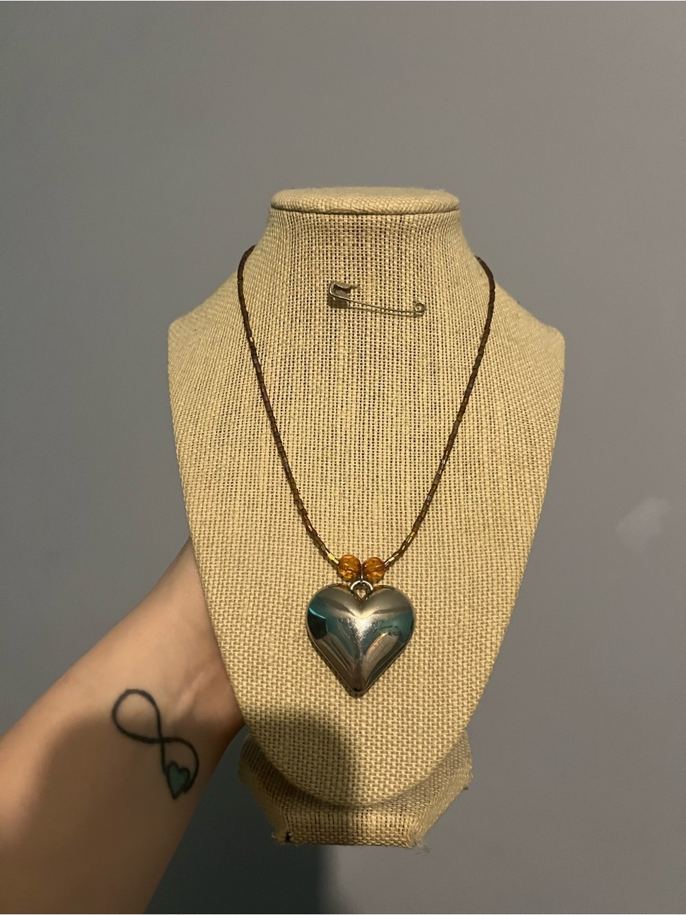 #222. Handmade Boho Y2K  Heart Pendant Necklace with Amber Accents -